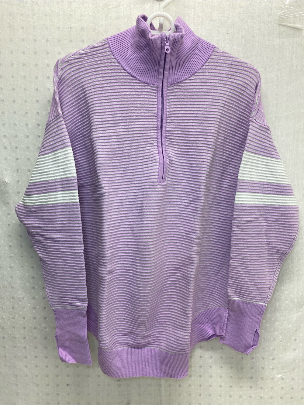 Offline By aerie Lavender Half-Zip Ribbed Pullover with White Sleeve Stripes S
